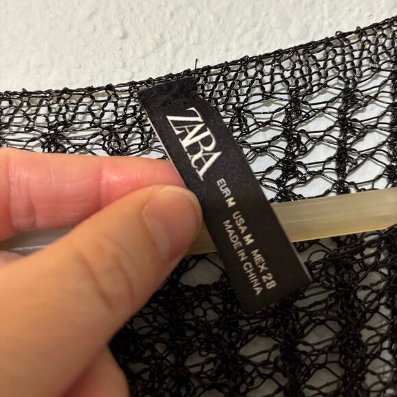 Zara Black Plasticy Netted Short Sleeve Sheer Top M - Picture 2 of 3